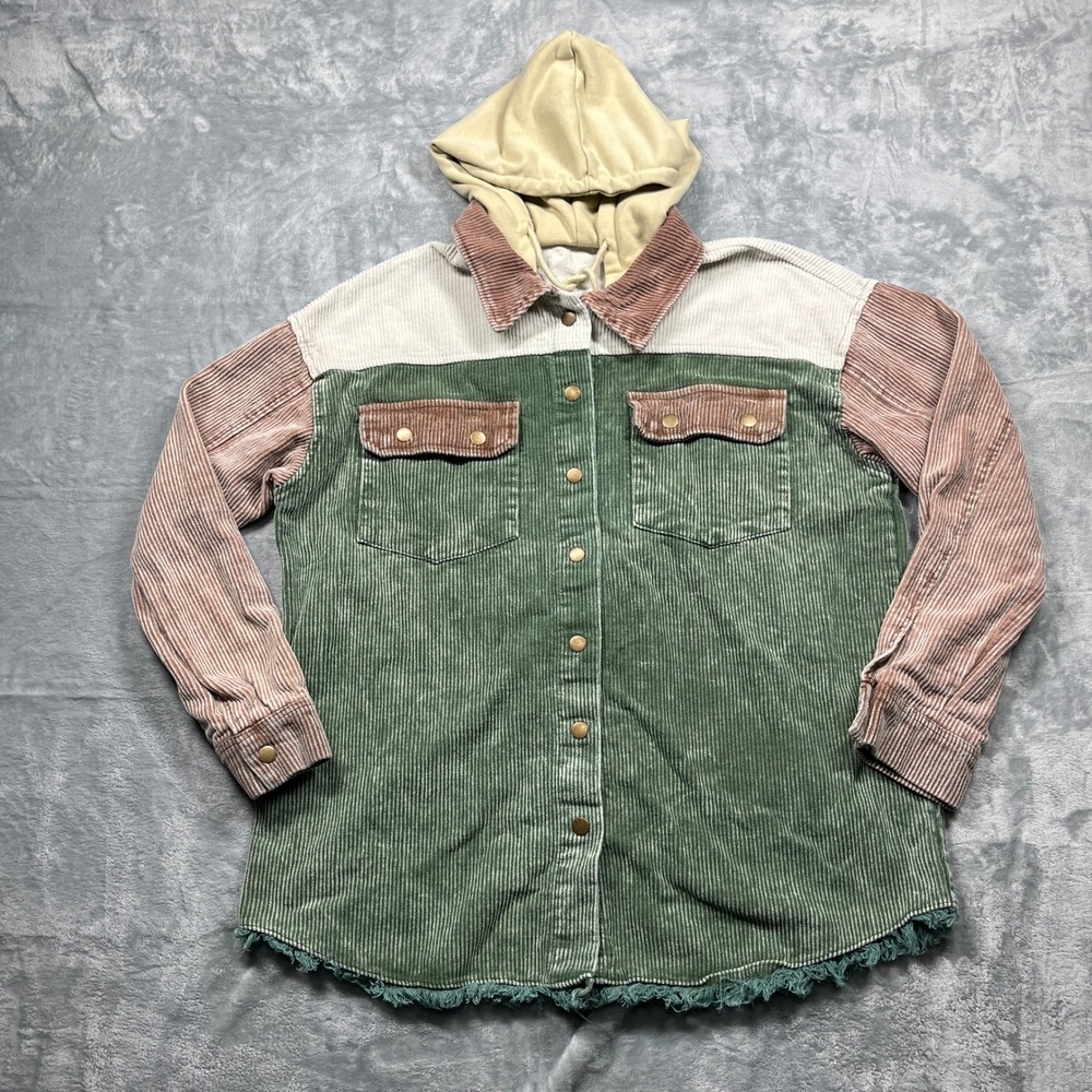 Corduroy Colorblock Shacket Women Size XL Green Pink Hooded Jacket
